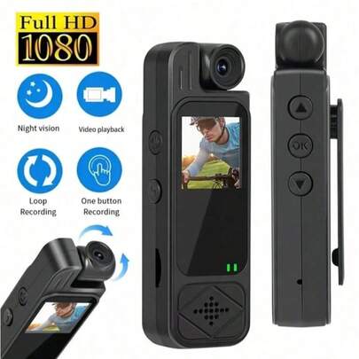1pc 1080p Mini Wearable Camera, 1.3" Screen, 180° Rotatable Lens, Suitable For Bicycle, Compact & Portable, Infrared Night Vision