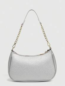 2025新款时尚经典百搭字母图案纯色PU皮革新月形单肩/腋下包，Y2K风格单肩/腋下包，适合购物，可斜挎 - 銀色 - 查看 4