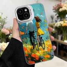 Cubierta de teléfono con diseño artístico para iPhone en color azul turquesa con estampado de niña en bicicleta y flores silvestres estilo pintura al óleo ideal para uso diario y ocasiones casuales Aplicable a los teléfonos de la serie Apple y Galaxy - Negro - Ver 3
