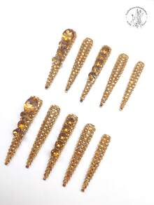 10pcs Handmade Extra Long Stiletto Nail Art Stickers, 77mm Gray Glitter Base With Yellow Rhinestone Decor, Suitable For Casual, Holiday, Party, And Performance Occasions Press On Nails - Multicolor - View 3