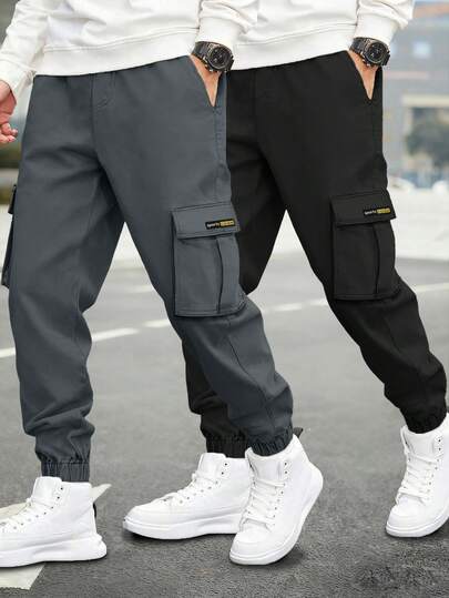 两件套青少年男童休闲户外工装裤，带口袋和英文图案，春秋季