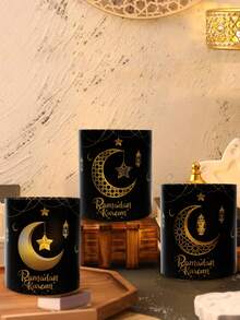 6pcs/12pcs Ramadan Black & Gold Lantern Shades, PVC Moon & Star Pattern, Eid Lantern Table Decor, Lantern Shades (Candles & Lights Not Included), Islamic Ramadan Party Table Decor, Ramadan Party Supplies, Ramadan Mubarak Decorations, Ramadan Home Decor, Eid Mubarak Decorations, Eid Al-Adha Gifts - Black Gold - View 3