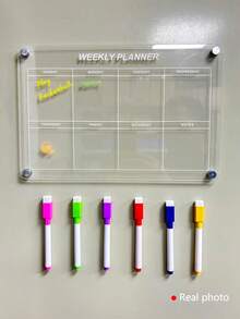 1块3D磁性亚克力白板（含6支白板笔）12*8英寸周计划日历信息书写板，可擦写磁性冰箱贴留言板，家居装饰待办事项清单计划板，非常适合家庭菜单，生日/毕业最佳礼物