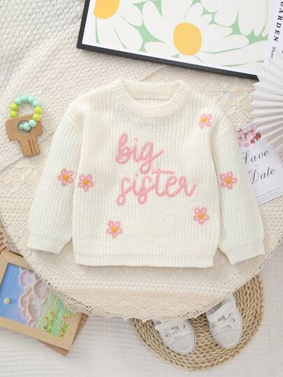 Stickad tröja för flickor med fin "Big Sister"-broderi och vitt blommönster, mjuk och varm