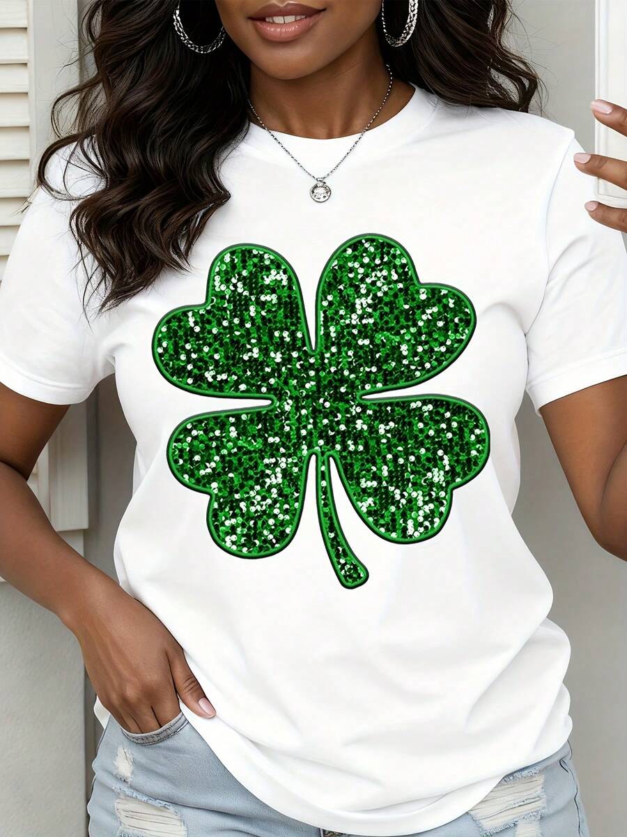St Patrick's Day Sparkle Shamrock T Shirt Women Lucky Clover Print White Tee St Patrick's Day Outfit Festive Casual Top - 白色 - 查看 1