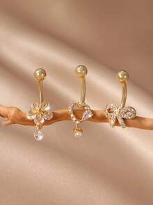 GEREIT 3pcs Sexy Stainless Steel Zirconia Heart, Flower, Bow Navel Piercing Rings Set For Women, Waterproof & Hypoallergenic - Gold - View 7
