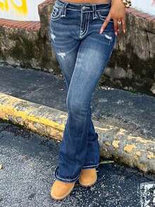 Quần jeans ống loe dáng ôm thời trang và thanh lịch dành cho nữ, thích hợp mặc thường ngày vào mùa xuân. - Rửa tối - Xem 7