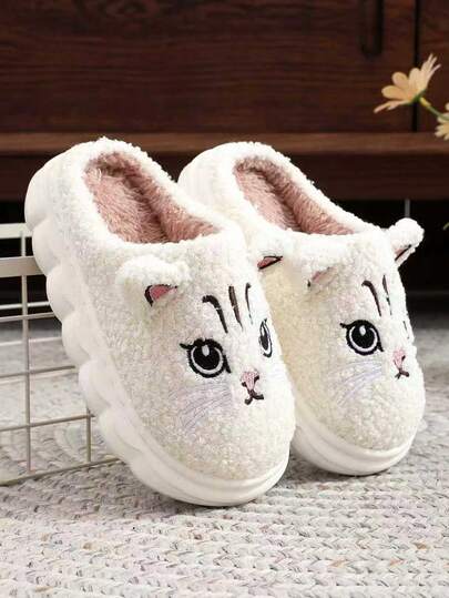 HAHABOBO 新款儿童冬季家居鞋 - 带有可爱猫咪卡通图案的温暖拖鞋，柔软温暖的羊毛，适合男孩和女孩的舒适软底室内鞋，适合家庭、办公室使用，一脚蹬设计，非常适合秋冬季节，可作为派对、节日和圣诞节的完美礼物