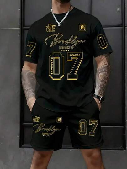 Men's Outdoor 2-Piece Set, Short Sleeve Crew Neck Tee + Shorts, 3D Digital Printing Retro Numeric & Letter Pattern, Suitable For Casual, Fitness, Running, Street Style, Spring/Summer/Autumn