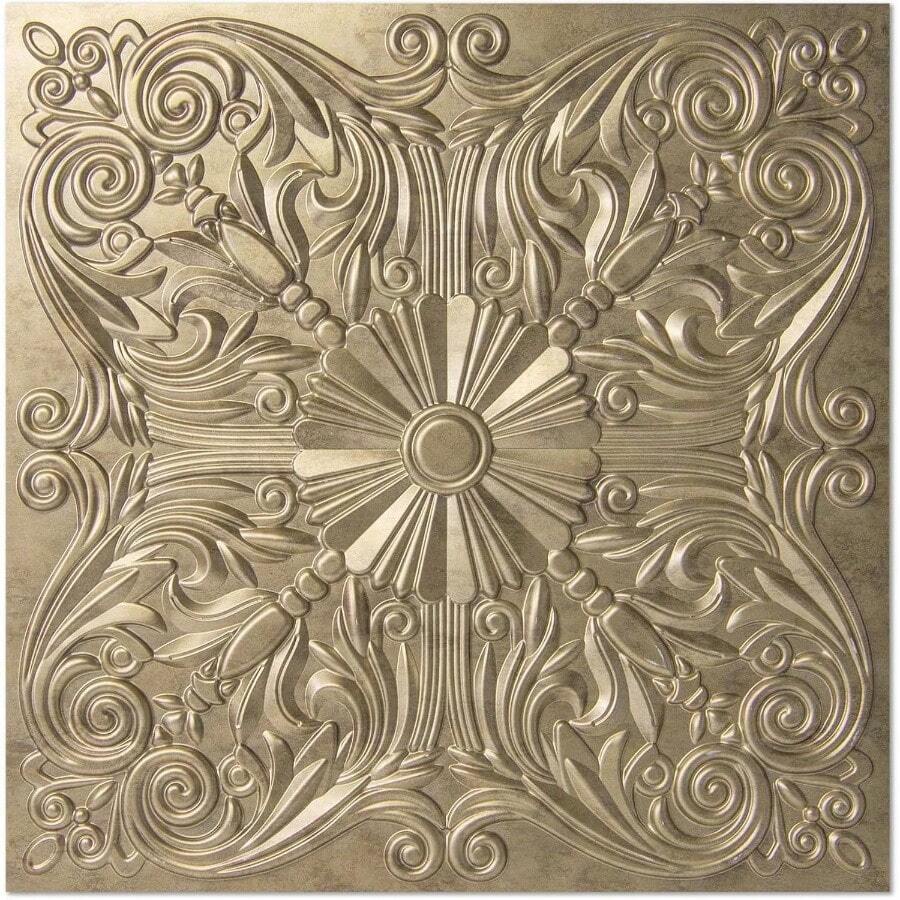 Decorative Ceiling Tile 2x2, Lay In Ceiling Tile 24x24 Pack Of 12pcs Spanish Floral In Matt White - 24"x24" + Antique Gold - View 1