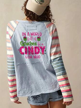 Cindy Lou Who Light Blue Long - Sleeve Top With Colorful Striped Sleeves, 'IN A WORLD Full Of Grinches Be A CINDY LOU WHO' Printed Back, Beige Cap With Green Text, Blue Denim Shorts With Black Design - Casual Outfit For Fun Themed EventsWomen's Winter Outfits: Elegant Conjunto De Mujeres + Flowy Top, Blusas & Top Negro-Women's Christmas T-Shirt, Soft Cotton Fall Holiday Top For Casual Wear