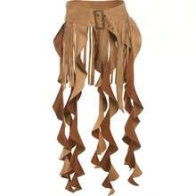 1pc Vintage Ruffled Fringed Waist Wrap Skirt, Unique Design, Flattering Fit - Brown - View 9