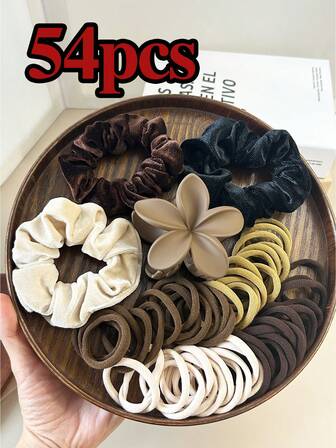 54件套棕色系秋冬女士日常发带套装，包含雏菊发夹、天鹅绒发圈、鸭嘴夹、弹力发圈，适合女士和女孩日常佩戴、生日、节日派对、礼品等场合。