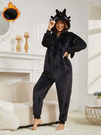 Christmas Dragon Fluffy For Adults, Animal Cosplay Thermal Lined Jumpsuit Sleepwear For Fall Winter, Funny Christmas Party Costume, Matching Fluffy Couple Style, Cozy