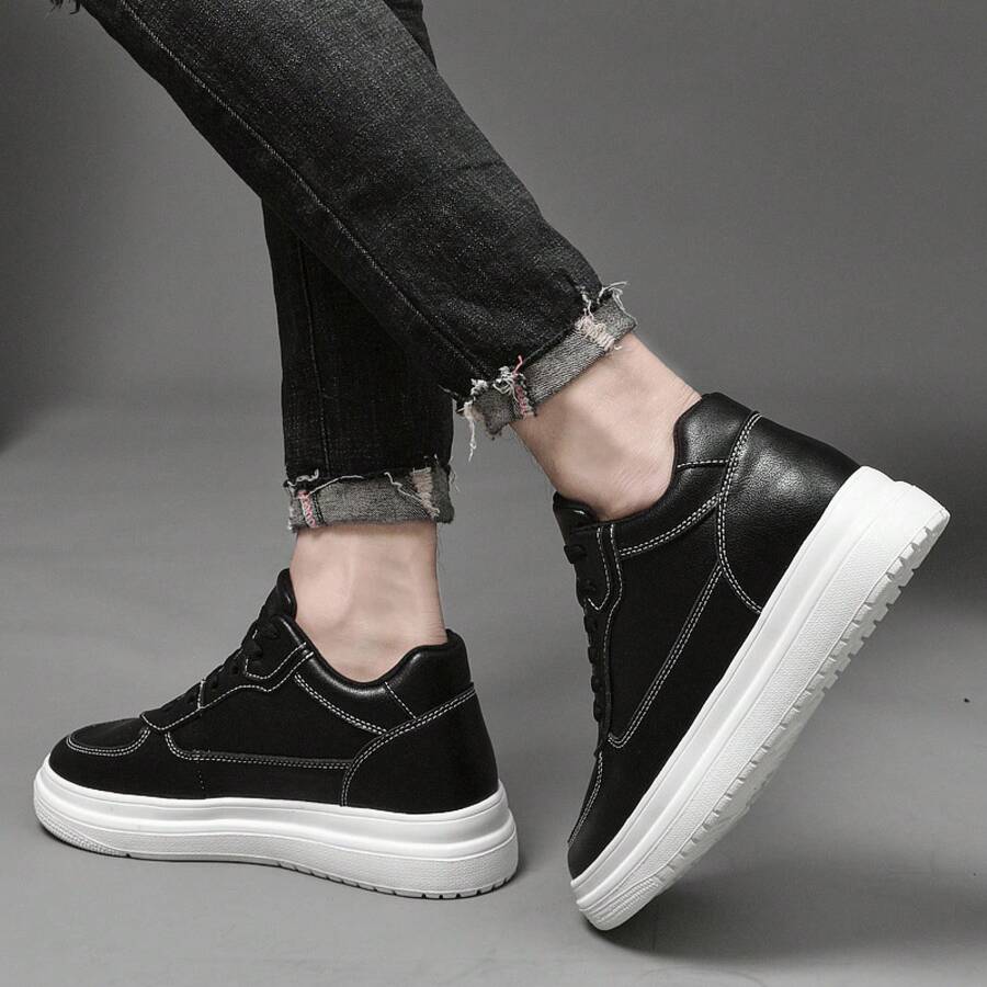 New Style Height Increasing Men's Shoes 6-8cm Men's Height Increasing Shoes 10cm Genuine Leather White Shoes Versatile Sneakers Men - 黑色 - 查看 1
