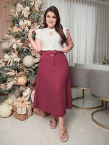 Long Skirt With Sash, Belt And Buckle In Linen Fabric With Perfect Fit - 紅木色 - 查看 6