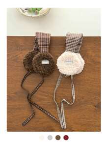 复古格子羊毛耳罩，女士款，加厚保暖，适合户外骑行，复古格子羊毛系带耳罩，女士冬季保暖耳罩，冬季装备 - 亮絲拼色條紋 - 查看 4