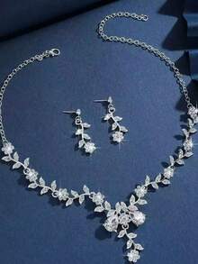 Bộ 2 món dây chuyền và bông tai hình lá và hoa đính đá, bộ trang sức sang trọng, thanh lịch dành cho nữ, thích hợp cho đám cưới và tiệc tối. - Bộ 2 hoa lá nhỏ - Xem 12