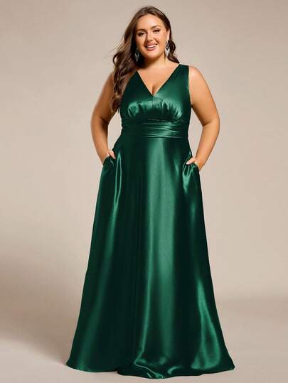 EVERPRETTY Elegant Plus Size Women's Satin Green Sleeveless Deep V-Neck Long Bridesmaid Dress, Suitable For Wedding, Party, Guest Events