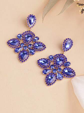 时尚花朵耳环，夸张的几何大吊坠镶嵌玻璃水钻，闪亮夺目，优雅的派对配饰