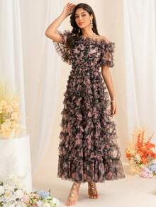 Summer Printed Floral Fluffy Cake Dress Vintage Short Sleeve One Shoulder Mesh Mullet Dress, Banquet Wear, Party Wear, Travel Wear - Multicolor - View 4