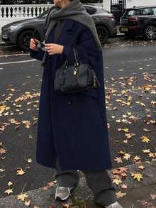 女式长袖纯色口袋羊毛风衣，双排扣羊毛大衣，田园风格女装，女装秋装，女装冬装，万圣节服装，圣诞女装，沙特国庆节，女士外出上衣，绿色上衣，紫色上衣，格子上衣，婚礼上衣，白色民用婚纱，优雅女式衬衫 - 藏蓝色 - 查看 5