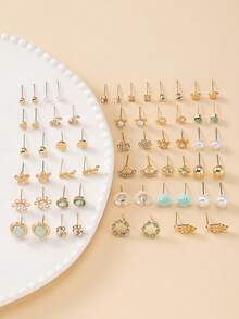 30 Pairs/Set Women's Daily Fashion Stud Earrings, Flower, Star, Moon, Rhinestone, Metal, Faux Pearl, Multiple Styles, Cute & Minimalist, Suitable For Casual Wear, Holiday Gifts - Multicolor - View 2