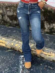 Quần jeans ống loe dáng ôm thời trang và thanh lịch dành cho nữ, thích hợp mặc thường ngày vào mùa xuân. - Rửa tối - Xem 6