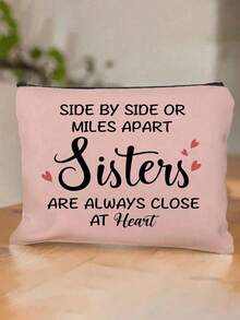 1 pièce Sac de maquillage "Soul Sister", design réconfortant "Les sœurs sont toujours proches du cœur", pochette de cosmétiques en lin avec design en forme de cœur, cadeau parfait pour les sœurs, les meilleures amies et les essentiels de voyage, citation "À mes côtés, à des miles de distance", organisateur compact et élégant, sac de voyage pour maquillage, pour mariage, anniversaire, Noël et Thanksgiving - Multicolore - Voir 2