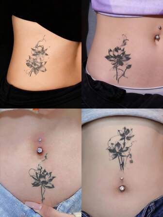 1Pc Fake Tattoo Temporary Tattoos Semi Permanent Tattoo Lotus Sexy Flowers Waterproof Sweatproof Last For 1-2 Weeks Realistic Herbal Juice Anti-Friction Non-Reflective Black For Woman And Men Tattoo Stickers For Arm, Chest, Leg, Abdomen, Waist, Finger, Neck, Spine, Modernist Body Art