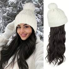 针织帽，配有长波浪卷发接发，加厚内衬，20英寸合成假发，可拆卸发片，保暖绒球，适合女性冬季佩戴，自然风格 - 彩色 - 查看 11