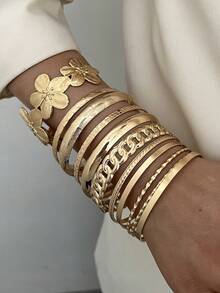 Set de 11 brățări metalice pentru femei, cu design floral și geometric exagerat vintage, potrivite pentru zi cu zi, petrecere, întâlnire, nuntă, festival, cadou - Aur 40 - Vizualizare 5
