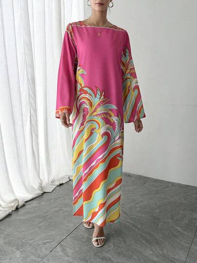 1 pieza Vestido largo casual de mujer con estampado floral, bata elegante, vestido de fiesta de lujo para vacaciones, bata árabe tradicional, regalo perfecto para mamá, hija, amiga para Ramadán, Eid, Año Nuevo, Día de San Valentín