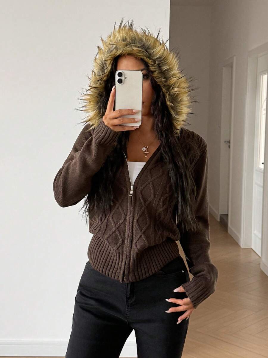 Women's Casual Cute Y2K Preppy Long Sleeve Cable Knit Sweater Cardigan Fur Hooded Zipper Coat Jacket Knitted Top New Autumn And Winter Going Out Outfits Clothes For Women Christmas Thanksgiving New Year Outfits School Streetwear Daily Wear Night Out Travel Home Brown