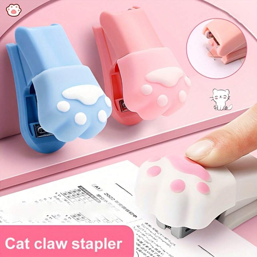 Cute Cat Paw Mini Stapler With Paw Print Design And Cat Ears - Manual Stapler, Suitable For Home Office, School, Cat Enthusiast Gift (Blue/Pink, Durable Plastic, Compatible With Staples).Available Office Study Portable Binding Documents Test Papers Student Cartoon Multifunctional Binding Machine With Staple Binding Machine Small Stationery Stapler Set Back To School Season - Hồng - Xem 1