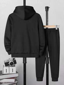 2pcs/Set Tween Boy Casual Letter Print Fleece Hoodie Sweatshirt And Pants Set, Dark Heather Gray - Black - View 3