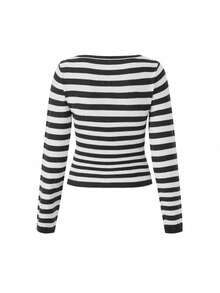 新款春夏撞色条纹船领长袖短款针织衫，韩版休闲简约修身套头毛衣，日常通勤街头风，秋季女装 - 玄黑拼珍珠白 - 查看 5