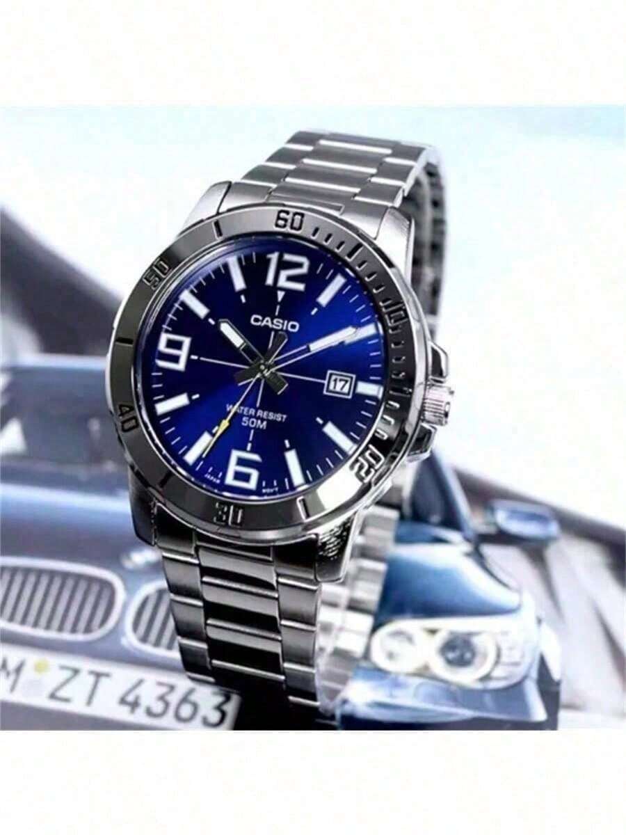 Casio 卡西欧 MTP-VD01D-2B 男士不锈钢表带石英模拟手表，运动设计，适合日常佩戴，男士礼物 - 藍色西裝 - 查看 1