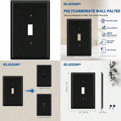 ELEGRP Large Size Toggle Switch Wall Plate 1-Gang Light Switch Covers Unbreakable Polycarbonate Replacement Faceplates Covers UL Listed Color-Matched Screws Included 1 Pack Glossy Black