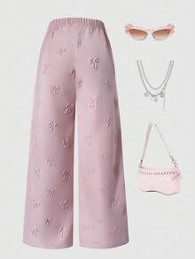 时尚甜美休闲简约3D立体蝴蝶结装饰阔腿裤，粉色，适合春秋季户外、派对、校园及日常穿着。 - 粉色 - 查看 5