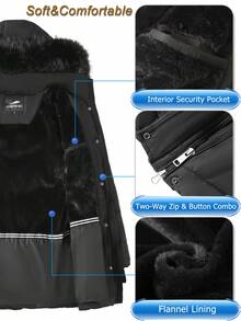 Women's Winter Quilted Jacket Mid-Length Hooded Quilted Jacket With Multiple Pockets And Fleece-Lined Windproof Coat Features Magnetic Snap Pockets, Two-Way Zipper, And Detachable Hood Casual Outdoor Winter Top For Warmth, Suitable For Daily Wear, Outdoor,Travel,Gift - 黑色 - 查看 3