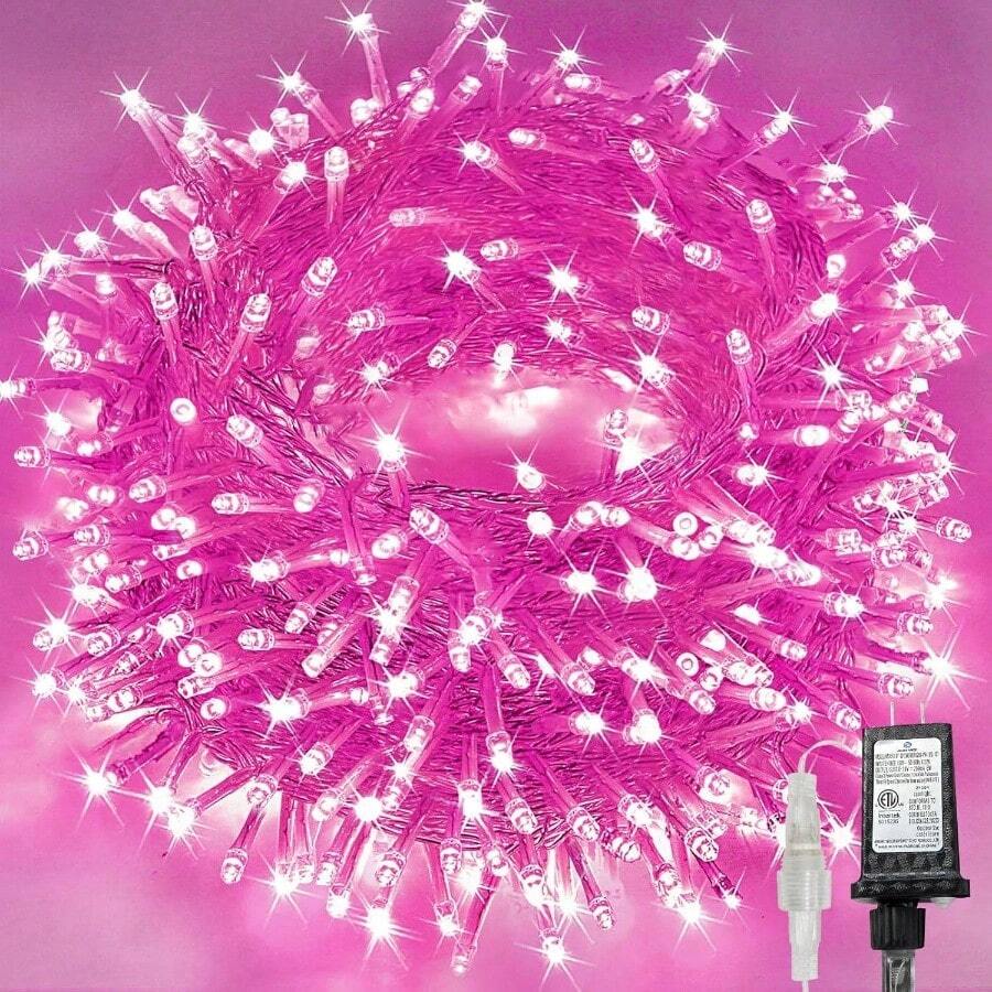 240 LED 88 pies Luces de cadena conectables para interiores y exteriores, luces blancas cálidas con efecto de parpadeo, con temporizador, para dormitorio, aula, boda, árbol, patio y decoración - Rosa + 240 LED - Ver 1