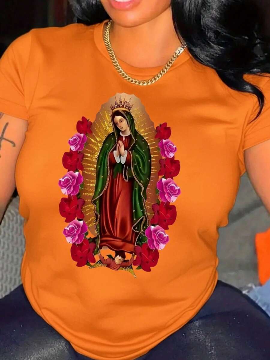 Playera camiseta gráfica dama mujer manga corta cuello redondo básica cómoda fresca ligera estampado mexicano vírgen virgencita guadalupe méxico rosas flor floral frase ruega por nosotros - Naranja - Ver 1