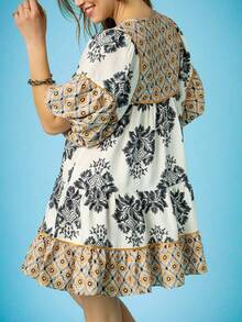 Women Boho Floral Mini Dress Short Puff Sleeve Flowy A Line Dress Ruffle V Neck Loose Babydoll Dresses - Brown - View 3