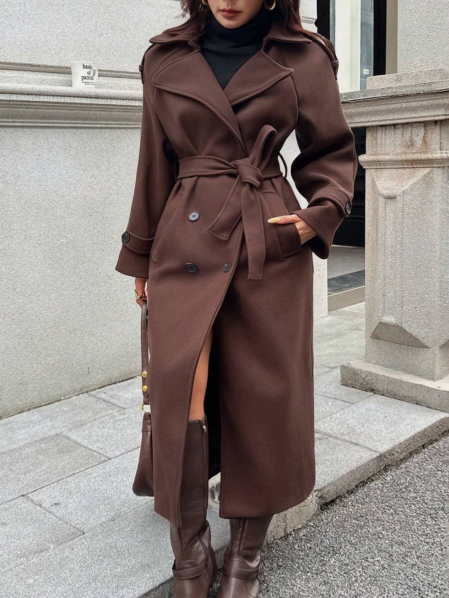 Seelio Autumn/Winter New Women's Fashion Classic Double-Breasted Windbreaker Coat Woolen Overcoat - Brown - View 1