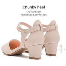 1 Pair Girls Dress Shoes Closed Toe Chunky High Heels Ankle Strap Wedding Party Pump Shoes - Da Nubuck Nude - Xem 4