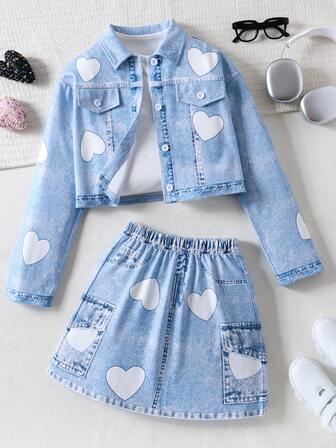 2pcs/Set Girls Casual Heart Graphic Jacket And Skirt Set, Fashionable Outfit For Valentine's Day, Spring/Autumn