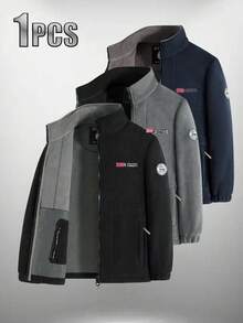 男士长袖秋冬抓绒外套，双面羊羔绒内衬，商务休闲加厚保暖外套，情侣款 - 黑色 - 查看 1