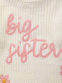 Girls Knitted Sweater With Delicate "Big Sister" Embroidery And White Floral Pattern, Soft And Warm - White - View 6