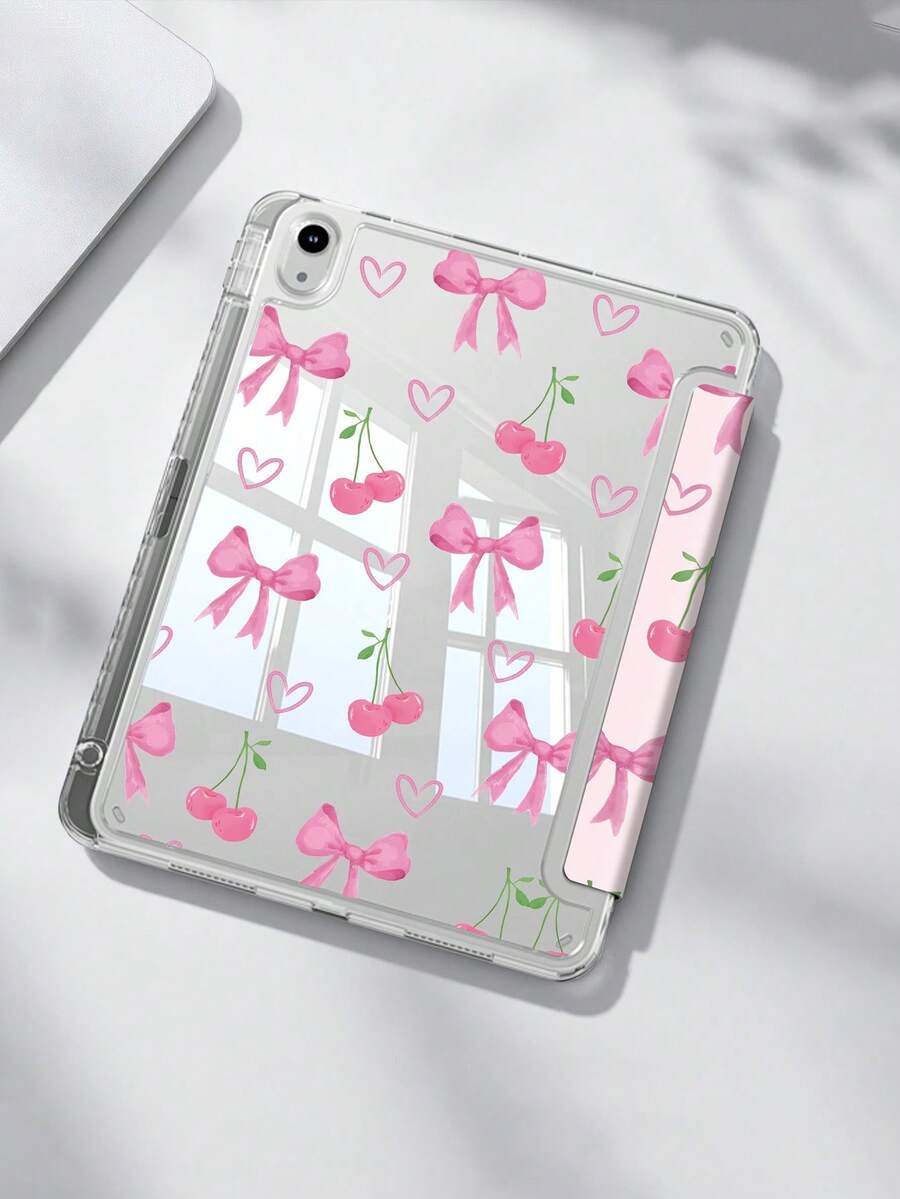 Pink Bow Cherry Dual-Sided Acrylic Crystal Protective Case, Suitable For  10th Gen,  10.2/Mini 6/Mini 7/9.7", Galaxy Tab A9 Plus, 3+Y Foldable Tablets, Anti-Bending, Silicone Reinforced Corners, Auto Wake/Sleep, Built-In Pencil Slot, Multi-Angle Kickstand - Perfect Daily Protection, Ideal Holiday Gift - 彩色 - 查看 1